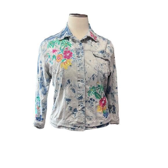 DG2 by Diane Gilman Jackets & Blazers - DG2 DIANE GILMAN 1X Denim Floral Tropical Embroidered Jacket Acid Wash Sun Wash
